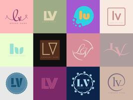 LV logo company template. Letter l and v logotype. Set different classic serif lettering and modern bold text with design elements. Initial font typography. vector