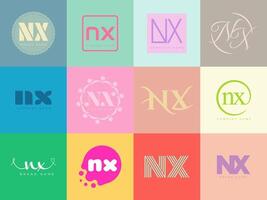 NX logo company template. Letter n and x logotype. Set different classic serif lettering and modern bold text with design elements. Initial font typography. vector