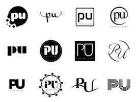 PU logo company template. Letter p and u logotype. Set different classic serif lettering and modern bold text with design elements. Initial font typography. vector