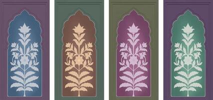 conjunto de 4 4 Mughal inspirado puerta ilustraciones con vibrante colores vector