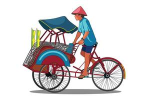 bicitaxi becak yogyakarta, un hombre montando bicicleta bicitaxi aislado en blanco antecedentes. vector