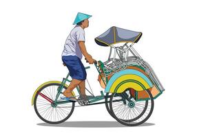 Rickshaw becak yogyakarta. A man riding rickshaw isolated on white background. vector