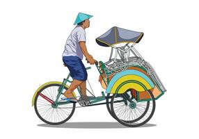 Rickshaw becak yogyakarta. A man riding rickshaw isolated on white background. vector