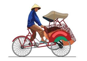 bicitaxi becak yogyakarta. un hombre con azul vestir montando bicitaxi aislado en blanco antecedentes. vector