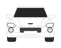 Car model front view black and white 2D line cartoon object. Comfortable auto with dark windshield isolated outline item. Driving automobile along road monochromatic flat spot illustration vector