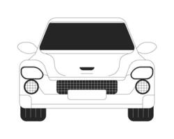 Car model front view black and white 2D line cartoon object. Comfortable auto with dark windshield isolated outline item. Driving automobile along road monochromatic flat spot illustration vector