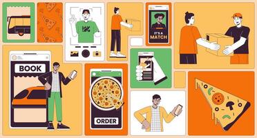 Using cellphones for everyday life bento grid illustration set. Dating app, delivery, selfie making 2D image collage design graphics collection. Multiracial flat characters moodboard layout vector