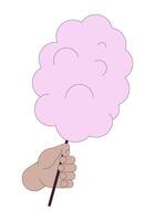 Fluffy sweet cotton candy holding linear cartoon character hand illustration. Street dessert outline 2D image, white background. Popular sugar snack at fair editable flat color clipart vector