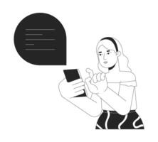 Curvy european woman talking in chat black and white 2D line cartoon character. Plus sized female using cellphone isolated outline person. Life with obesity monochromatic flat spot illustration vector