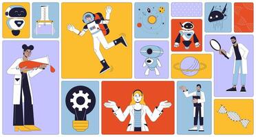 Robotics lab research bento grid illustration set. Researchers uniform 2D image collage design graphics collection. Robot, spaceman. Diverse doctors scientists flat characters moodboard layout vector