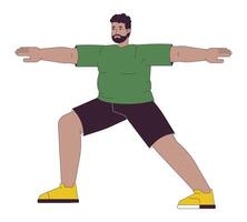 más tamaño negro hombre haciendo yoga 2d lineal dibujos animados personaje. obeso africano americano masculino hacer ejercicio aislado línea persona blanco antecedentes. activo estilo de vida color plano Mancha ilustración vector