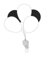 Air balloons bunch holding cartoon human hand outline illustration. Children holiday decor 2D isolated black and white image. Festive mood creation flat monochromatic drawing clip art vector