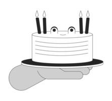 Birthday cake with frog face holding cartoon human hand outline illustration. Holiday dessert 2D isolated black and white image. Confectionery for party flat monochromatic drawing clip art vector