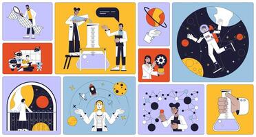 Science technology bento grid illustration set. Space research. chemistry lab 2D image collage design graphics collection. White coat scientists multicultural flat characters moodboard layout vector