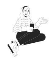 más tamaño mujer con bebida hablando negro y blanco 2d línea dibujos animados personaje. curvilíneo europeo hembra sentado aislado contorno persona. sano cuerpo positivo monocromo plano Mancha ilustración vector