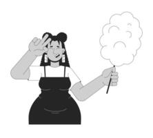 Curvy latina woman with candy floss black and white 2D line cartoon character. Latin american obese female showing v sign isolated outline person. Lifestyle monochromatic flat spot illustration vector