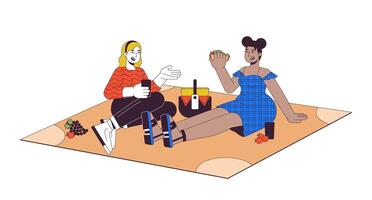 más tamaño diverso mujer teniendo picnic 2d lineal dibujos animados caracteres. obeso amigos comiendo al aire libre aislado línea personas blanco antecedentes. cuerpo positivo color plano Mancha ilustración vector