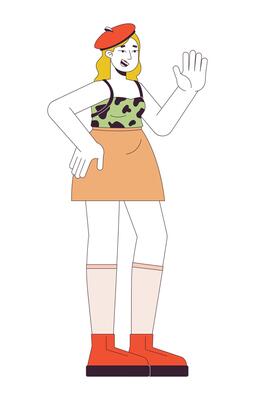 Pretty curvy woman waving hand 2D linear cartoon character. Positive caucasian female with overweight isolated line person white background. Body positive fashion color flat spot illustration