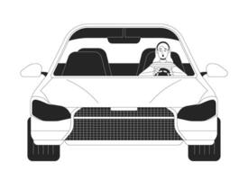 Shocked woman driving car black and white 2D line cartoon character. Caucasian female dealing with accident isolated outline person. Dangerous situation monochromatic flat spot illustration vector