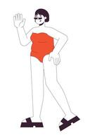 contento curvilíneo mujer en traje de baño 2d lineal dibujos animados personaje. más tamaño hembra Listo para playa temporada aislado línea persona blanco antecedentes. exceso de peso color plano Mancha ilustración vector