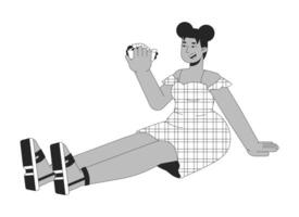 curvilíneo negro mujer participación emparedado negro y blanco 2d línea dibujos animados personaje. africano americano hembra con exceso de peso aislado contorno persona. comer en exceso monocromo plano Mancha ilustración vector