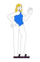 Pretty plus sized woman in swimsuit 2D linear cartoon character. Friendly curvy caucasian female isolated line person white background. Beach body positive color flat spot illustration vector