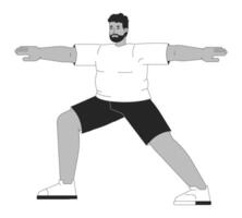 Plus sized black man doing yoga black and white 2D line cartoon character. Obese african american male exercising isolated outline person. Active lifestyle monochromatic flat spot illustration vector