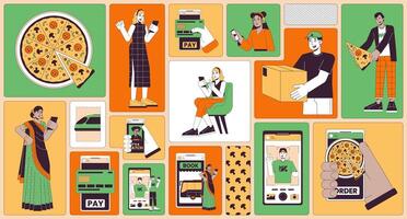 Using mobile phones lifestyle bento grid illustration set. Pizza order, selfie taking, courier 2D image collage design graphics collection. Multinational flat characters moodboard layout vector