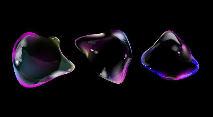 Realistic iridescent bubble of different shapes and place for text. illustration.Transparent abstract shapes for design with highlights and fluid texture set. 3d glass liquid fluid shape