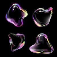 Iridescent bubble of different shapes design elements set. 3D Glowing soap bubbles isolated on black background illustration. Realistic Transparent liquid abstract shapes. Set of shiny drops vector