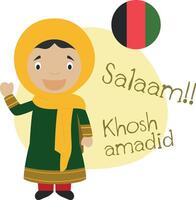 illustration of cartoon character saying hello and welcome in Pashto vector