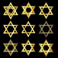 Luxury Golden glowing Star of David collection of signs isolated on a black background.Star of David icon set.Judaism sign. Six pointed star. illustration vector