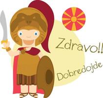 ilustración de dibujos animados personaje diciendo Hola y Bienvenido en macedónio vector