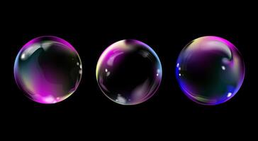 realista vistoso jabón burbujas conjunto aislado en negro antecedentes. transparente realista jabón burbujas de redondo forma, de moda 3d diseño elemento para póster, fondo de pantalla, bandera, volantes, cubrir, etc. vector