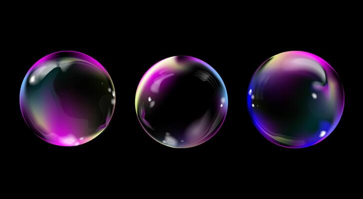 realistic colorful soap bubbles set isolated on black background. Transparent realistic soap bubbles of round shape, trendy 3D design element for poster, wallpaper, banner, flyer, cover, etc.