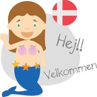 illustration of cartoon character saying hello and welcome in Danish vector