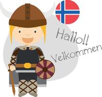 illustration of cartoon character saying hello and welcome in Norwegian vector
