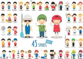 Big Set of 45 cute cartoon sport characters for kids. Funny cartoon boys. Olympics Sports illustrations vector