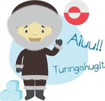 ilustración de dibujos animados personaje diciendo Hola y Bienvenido en groenlandés o inuktitut vector