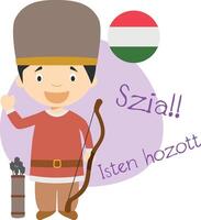 ilustración de dibujos animados personaje diciendo Hola y Bienvenido en húngaro vector