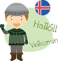 illustration of cartoon character saying hello and welcome in Icelandic vector