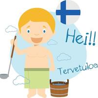 ilustración de dibujos animados personaje diciendo Hola y Bienvenido en finlandés vector