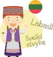 illustration of cartoon character saying hello and welcome in Lithuanian vector