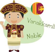 illustration of cartoon character saying hello and welcome in Tamil vector