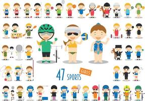 Big Set of 47 cute cartoon sport characters for kids. Funny cartoon girls. Olympics Sports illustrations vector