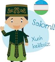 illustration of cartoon character saying hello and welcome in Uzbek vector