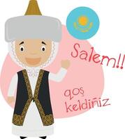 illustration of cartoon character saying hello and welcome in Kazakh vector