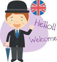 illustration of cartoon characters saying hello and welcome in English vector