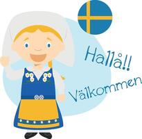 illustration of cartoon character saying hello and welcome in Swedish vector