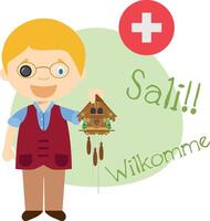 illustration of cartoon character saying hello and welcome in German from Switzerland vector